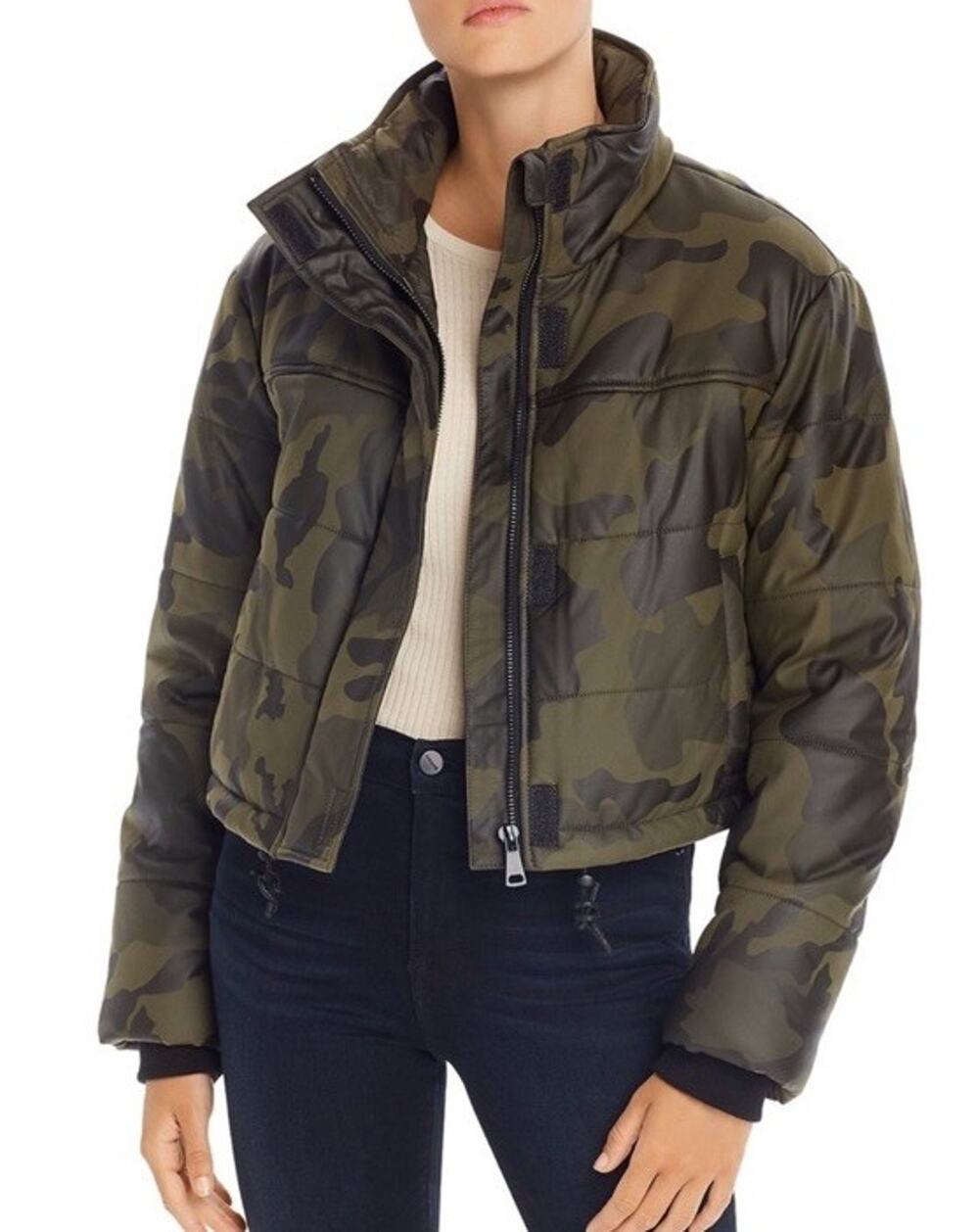 NEW BAGATELLE NYC Coated Camo Puffer Zip Up Jacket Coat Womens Large Drawstring